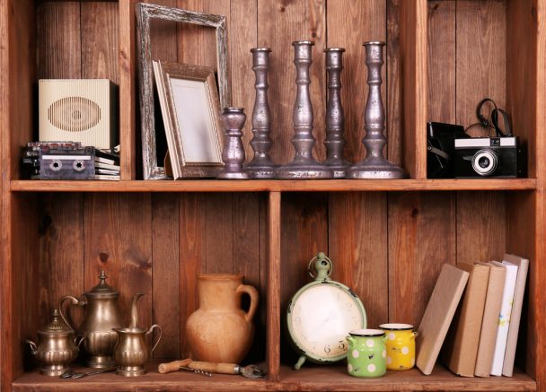 Antique items on shelves