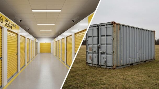 Interior corridor of a storage unit facility with yellow roller doors alongside a grey self-storage container sitting on a grass field.